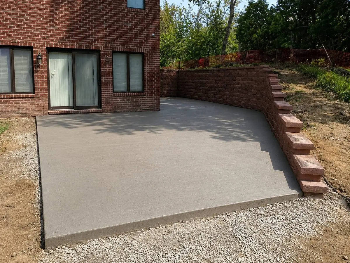 Backyard concrete patio beside retaining wall