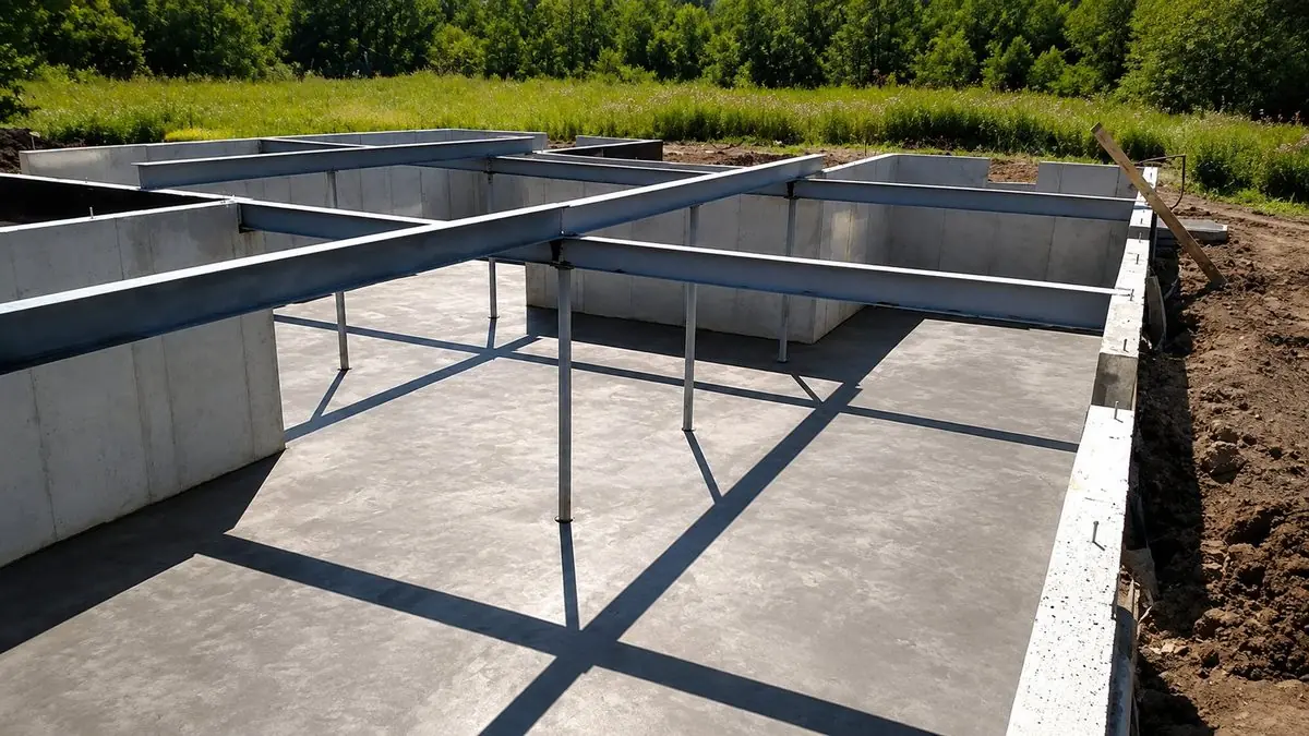 Poured concrete basement floor with steel support beams